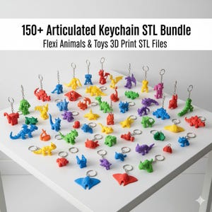 Può includere: Una collezione di portachiavi articolati e figure di animali colorati, tra cui dinosauri e razze. I portachiavi sono in vari colori, come rosso, giallo, verde, blu e viola. Il testo sull'immagine recita: "150+ Articulated Keychain STL Bundle Flexi Animals & Toys 3D Print STL Files."