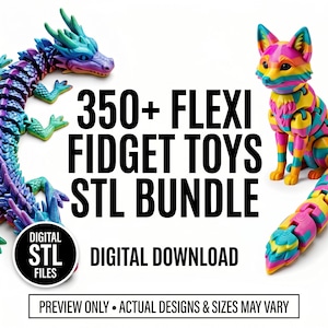 May include: A vibrant image displaying a collection of 3D-printed flexi fidget toys. The image features a dragon and a fox, both in rainbow hues. Text reads "350+ FLEXI FIDGET TOYS STL BUNDLE" and "DIGITAL DOWNLOAD".