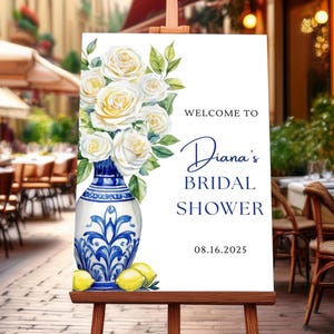 Blue Tile and Lemons Bridal Shower Welcome Sign | Amalfi Coast Bridal Shower Welcome Sign Digital Template | Mediterranean Bridal Shower