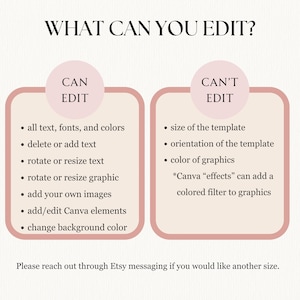 Peut inclure: Un graphique rose et blanc avec le texte "WHAT CAN YOU EDIT?" Le graphique pr&eacute;sente une liste d'&eacute;l&eacute;ments modifiables et non modifiables pour un mod&egrave;le. Les &eacute;l&eacute;ments modifiables comprennent le texte, les polices, les couleurs et la couleur de fond. Les &eacute;l&eacute;ments non modifiables comprennent la taille et l'orientation du mod&egrave;le, ainsi que la couleur des graphiques.