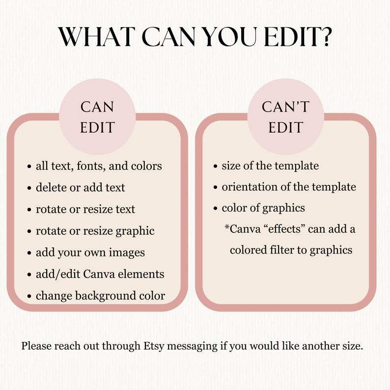 Peut inclure: Un graphique rose et blanc avec le texte "WHAT CAN YOU EDIT?" Le graphique pr&eacute;sente une liste d'&eacute;l&eacute;ments modifiables et non modifiables pour un mod&egrave;le. Les &eacute;l&eacute;ments modifiables comprennent le texte, les polices, les couleurs et la couleur de fond. Les &eacute;l&eacute;ments non modifiables comprennent la taille et l'orientation du mod&egrave;le, ainsi que la couleur des graphiques.