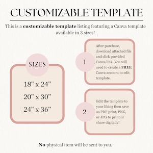 Peut inclure: Une liste de mod&egrave;les personnalisables avec un mod&egrave;le Canva disponible en trois tailles&nbsp;: 45,7&nbsp;cm x 61&nbsp;cm, 50,8&nbsp;cm x 76,2&nbsp;cm et 61&nbsp;cm x 91,4&nbsp;cm. Apr&egrave;s l&rsquo;achat, t&eacute;l&eacute;chargez le fichier joint et cliquez sur le lien Canva fourni. Vous devrez cr&eacute;er un compte Canva gratuit pour modifier le mod&egrave;le. Modifiez le mod&egrave;le &agrave; votre convenance, puis enregistrez-le au format PDF pour impression, PNG ou JPG pour l&rsquo;imprimer ou le partager num&eacute;riquement. Aucun article physique ne vous sera envoy&eacute;.