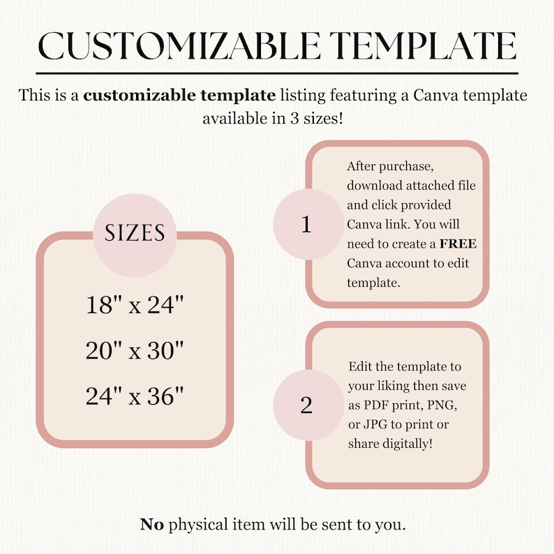 Peut inclure: Une liste de mod&egrave;les personnalisables avec un mod&egrave;le Canva disponible en trois tailles&nbsp;: 45,7&nbsp;cm x 61&nbsp;cm, 50,8&nbsp;cm x 76,2&nbsp;cm et 61&nbsp;cm x 91,4&nbsp;cm. Apr&egrave;s l&rsquo;achat, t&eacute;l&eacute;chargez le fichier joint et cliquez sur le lien Canva fourni. Vous devrez cr&eacute;er un compte Canva gratuit pour modifier le mod&egrave;le. Modifiez le mod&egrave;le &agrave; votre convenance, puis enregistrez-le au format PDF pour impression, PNG ou JPG pour l&rsquo;imprimer ou le partager num&eacute;riquement. Aucun article physique ne vous sera envoy&eacute;.
