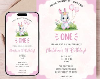 Invitation de fête d'anniversaire de lapin | Modèle numérique d'invitation d'anniversaire avec un lapin | Anniversaire de filles|Premier anniversaire|Modifiable