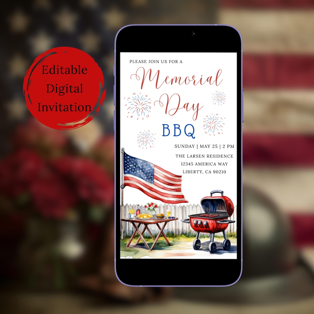 Memorial Day BBQ Invitation | Memorial Day Party Digital Invitation ...