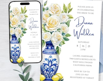 Blue Tile and Lemons Bridal Shower Invitation | Amalfi Coast Bridal Shower Invitation Digital Template |Mediterranean Bridal Shower|Editable
