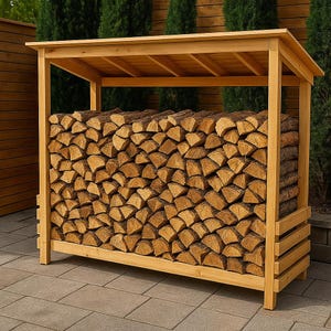 Può includere: Un portale in legno per la conservazione della legna con tetto spiovente. Il portale è riempito di legna da ardere ben impilata. Il legno e il portale sono di colore marrone chiaro. Il portale è all'aperto, con alberi verdi sullo sfondo.