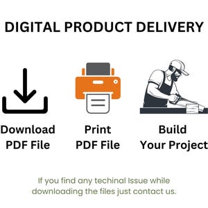 Puede incluir: Gr&aacute;fico blanco con el texto "DIGITAL PRODUCT DELIVERY" e iconos para descargar, imprimir y construir un proyecto. El texto "Download PDF File", "Print PDF File" y "Build Your Project" est&aacute; debajo de los iconos.