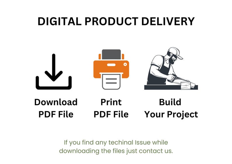 Puede incluir: Gr&aacute;fico blanco con el texto "DIGITAL PRODUCT DELIVERY" e iconos para descargar, imprimir y construir un proyecto. El texto "Download PDF File", "Print PDF File" y "Build Your Project" est&aacute; debajo de los iconos.