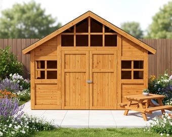 Puede incluir: Un cobertizo de madera con techo a dos aguas, puertas dobles y pequeñas ventanas. Una pequeña mesa de picnic está frente al cobertizo. El cobertizo está rodeado de un jardín con flores y vegetación.