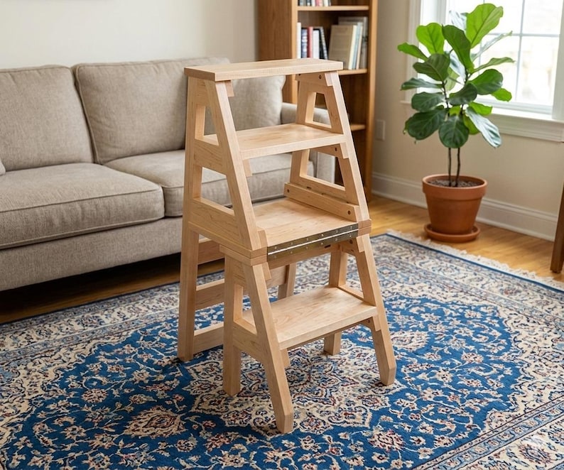 Op de afbeelding: Een lichtgekleurde houten opstap met drie treden. De opstap is gemaakt van lichtgekleurd hout en heeft een opvouwbaar ontwerp. De opstap staat op een blauw patroonkleed.