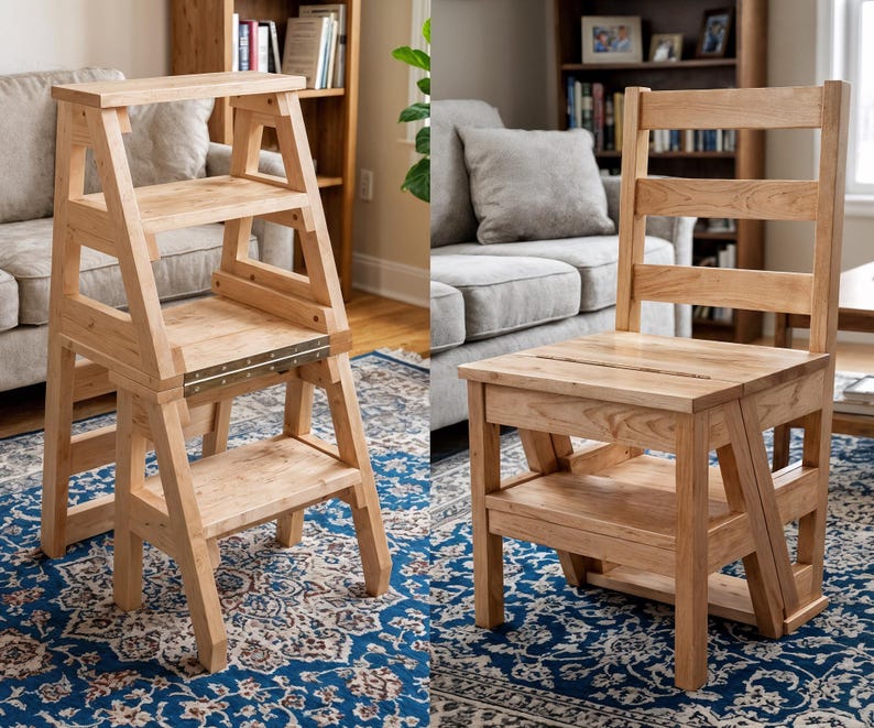 Op de afbeelding: Twee houten opstapjes. E&eacute;n is een opvouwbare opstap met drie treden en een scharnierend bovenblad. De andere is een stoel met een opstapbasis en een rugleuning. Beide zijn gemaakt van lichtgekleurd hout.