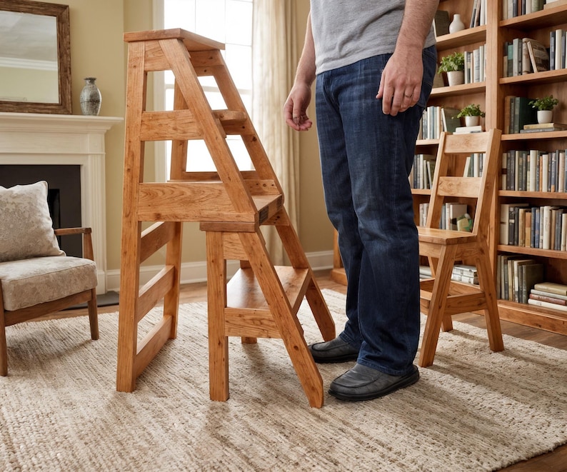 Op de afbeelding: Een houten opstapje met een ladderontwerp. Het opstapje is gemaakt van lichtbruin hout en heeft drie treden. Een persoon staat naast het opstapje. Een houten stoel en een boekenkast staan op de achtergrond.