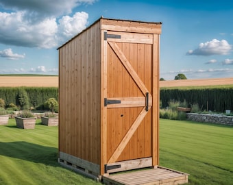 May include: A wooden outdoor storage shed with a single door and a small wooden platform. The shed is constructed from light-colored wood and features black hinges and a diagonal brace on the door. The shed is set on a green lawn.