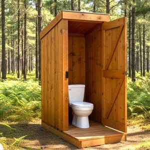 Peut inclure: Des toilettes en bois avec une porte ouverte, révélant des toilettes blanches. La structure est en bois brun clair et repose sur une plate-forme en bois. Les toilettes sont entourées d'une forêt avec de grands arbres et un feuillage vert.