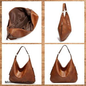 May include: A collection of four images showcasing a brown leather shoulder bag. The bag is displayed from different angles, including an open view of the interior and a side view. The bag has a single strap and a zipper pocket. The brand name "Minimalist Leathers" is visible.