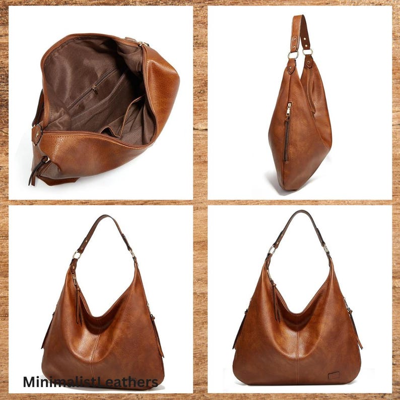 May include: A collection of four images showcasing a brown leather shoulder bag. The bag is displayed from different angles, including an open view of the interior and a side view. The bag has a single strap and a zipper pocket. The brand name "Minimalist Leathers" is visible.