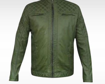 Giacca da motociclista in pelle verde oliva vintage: capospalla elegante da uomo