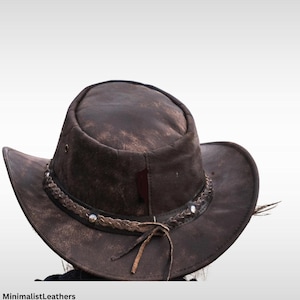 Australian Brown Leather Bush Hats - Distressed Foldable  Cattleman Headwear, Crushable Style with Braided Band | Handmade Western Hat