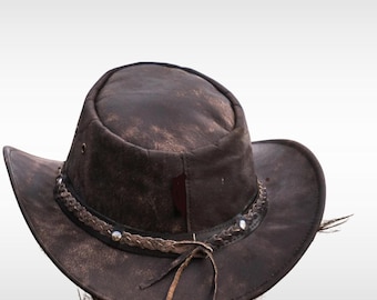 Handgefertigter Buschhut aus beunruhigtem Leder: Australischer Cattleman, faltbar mit geflochtenem Band