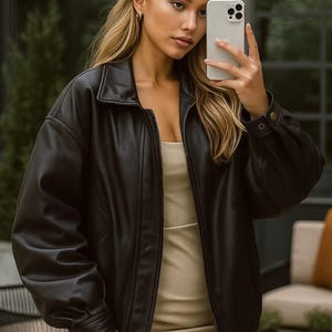 Stylish Oversized Black Leather Bomber Jacket: Women&#39;s Full Grain  Leather  ,  perfect gift for Her