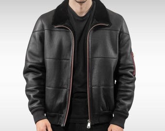 Men's Black Sheepskin Leather Jacket: Handmade Winter Outerwear with Faux Fur Collar