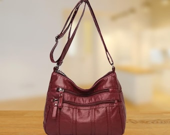 Stilvolle Leder Umhängetasche, Große Tasche aus weichem Leder, Schultertasche für Frau, Umhängetasche, Multi-Reißverschluss Ledertasche, Geschenk für sie