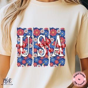 Floral USA PNG Red Bows Coquette Patriotic 4th of July Sublimation Design tshirt Cute Red White Blue Flowers Clipart Independence Day Shirts