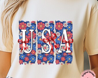 Floral USA PNG Red Bows Coquette Patriotic 4th of July Sublimation Design tshirt Cute Red White Blue Flowers Clipart Independence Day Shirts