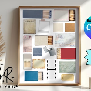 May include: A digital collage of various textures and shapes, including wood, paper, and film. The collage is framed in a light wood frame and has a white background. The text "Edit using Canva" and "Create your own unique design!" is visible on the image.