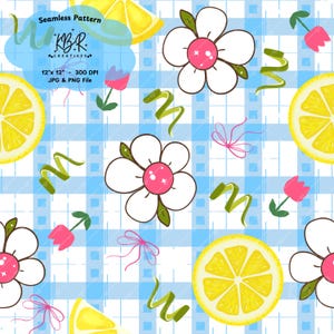 May include: Seamless pattern design featuring white flowers with pink centers, yellow lemon slices, pink tulips, and green ribbons on a blue and white checkered background. The design includes the text "Seamless Pattern" and "KBR CREATIVES".