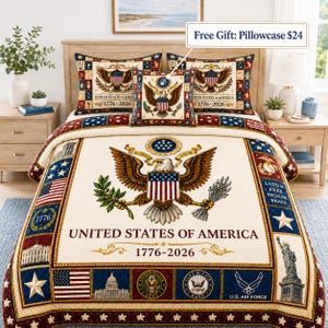 3D USA 250 Years Bedding Set, Bald Eagle Quilt Set, American Seal Duvet Cover, Patriot Decor Bedroom, USA  Military Comforter, Veterans Gift