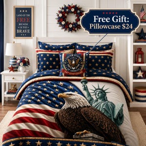 May include: A bedding set featuring a patriotic theme with a large bald eagle and the Statue of Liberty on the comforter. The design includes red, white, and blue colours, star patterns, and a central square pillow with a 250th anniversary emblem.