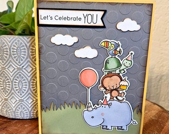 Celebrate You, Handmade Greeting Card, Birthday Card, Children's Card, Child Birthday, Animals, Handmade Child Birthday Card