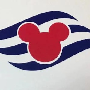 May include: A red Mickey Mouse head silhouette with three blue waves behind it. The waves are stylized to look like a stylized ocean wave.