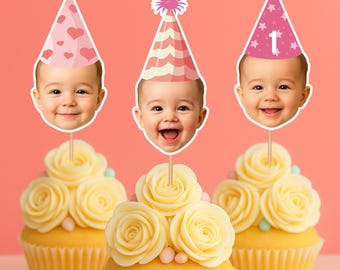 Adornos personalizados para cupcakes con caras, gorro de fiesta con foto de bebé, decoración divertida con forma de cabeza para cumpleaños, hitos y eventos especiales.