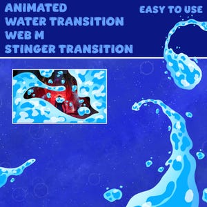 Może przedstawiać: Animowana grafika przejścia wody z białym tekstem "Animated Water Transition Web M Stinger Transition". Grafika przedstawia niebieskie tło z ilustracjami rozprysków wody i prostokątny obraz sceny w czerwonych i ciemnych kolorach.