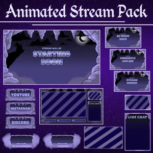 Könnte beinhalten: Ein animiertes Stream-Paket in Lila und Blau. Es beinhaltet Bildschirme für "Startet bald", "Bin gleich zurück" und "Stream endet", sowie Social-Media-Buttons für YouTube, Instagram und Discord.