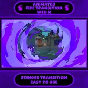 Può includere: Grafica di transizione fuoco animata con un design a spirale viola e bianco. L'immagine presenta il testo "Animated Fire Transition Web M" e "Stinger Transition Easy to Use."