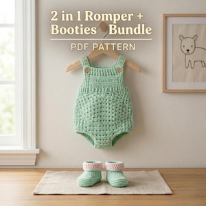May include: A mint green crochet romper with wooden buttons hangs on a wooden hanger. Matching booties with pink trim sit on a neutral-coloured mat. The text "2 in 1 Romper + Booties Bundle PDF Pattern" is above the romper.