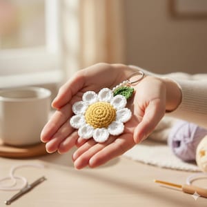 Könnte beinhalten: Ein handgefertigter Schlüsselanhänger mit einer gehäkelten Gänseblümchen-Blume. Die Blume hat weiße Blütenblätter und eine gelbe Mitte. Ein grünes Blatt und ein silberfarbener Schlüsselring sind angebracht. Der Schlüsselanhänger wird in offenen Händen gehalten.