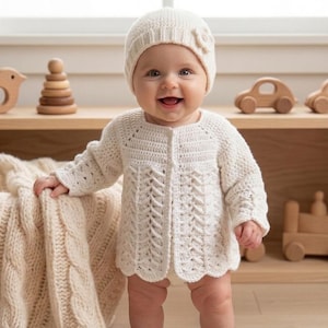 Könnte beinhalten: Ein lächelndes Baby trägt eine cremefarbene Häkeljacke und einen passenden Hut mit Blumenakzent. Die Jacke hat einen gewellten Saum und dekorative Lochmuster. Holzspielzeug ist im Hintergrund zu sehen, was auf eine Kinderzimmereinrichtung hindeutet.