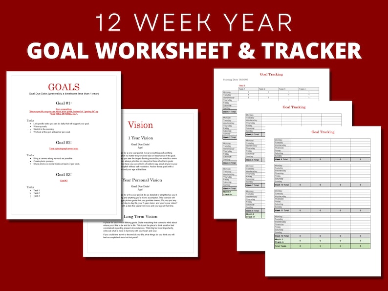 12 Week Year Printable Planner Goal Worksheet & Tracker Template Bundle