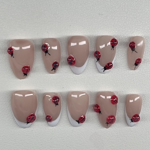 3D Ladybug Press‑On Nails | Handmade French Tips & Ladybug Nail Art | Reusable Cute Bug Garden Design