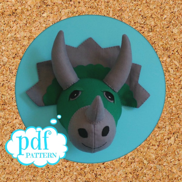 Dinosaur head sewing pattern. Faux taxidermy. Felt triceratops. Boys room decor. Dino wall bust. Jurassic wall art. Green and grey felt.