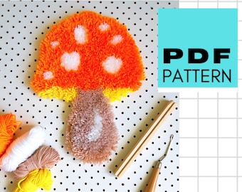 Mushroom latch hook pattern. Rug hooking pdf. Retro toadstool wall hanging.