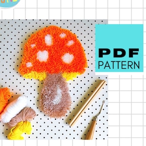 Mushroom latch hook pattern. Rug hooking pdf. Retro toadstool wall hanging.