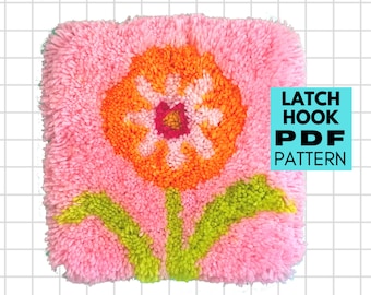 Easy latch hook pattern. Retro flower rug hooking pdf. DIY Floral wall hanging. Mid century modern.