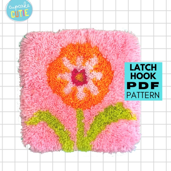 Easy latch hook pattern. Retro flower rug hooking pdf. DIY Floral wall hanging. Mid century modern.