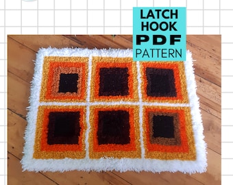 Retro rug latch hook pattern. Mid century modern rug hooking pdf. 1970s geometric wall hanging.